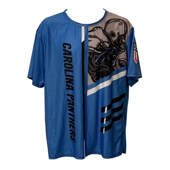 Carolina Panthers Mens T Shirt 3D Performance Size L Blue Taped Neck - Picture 2 of 9